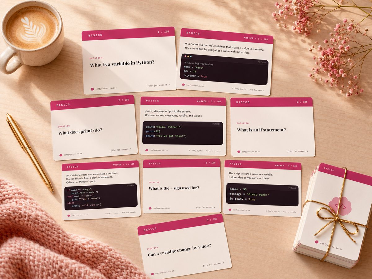 Printable Python flashcards spread across a cozy study desk