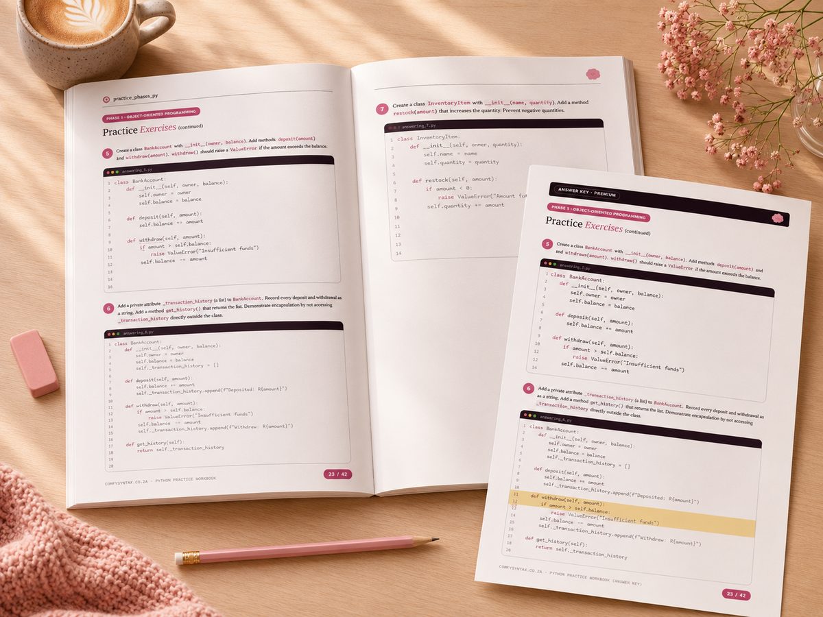 Python workbook pages with practice exercises and answer key preview